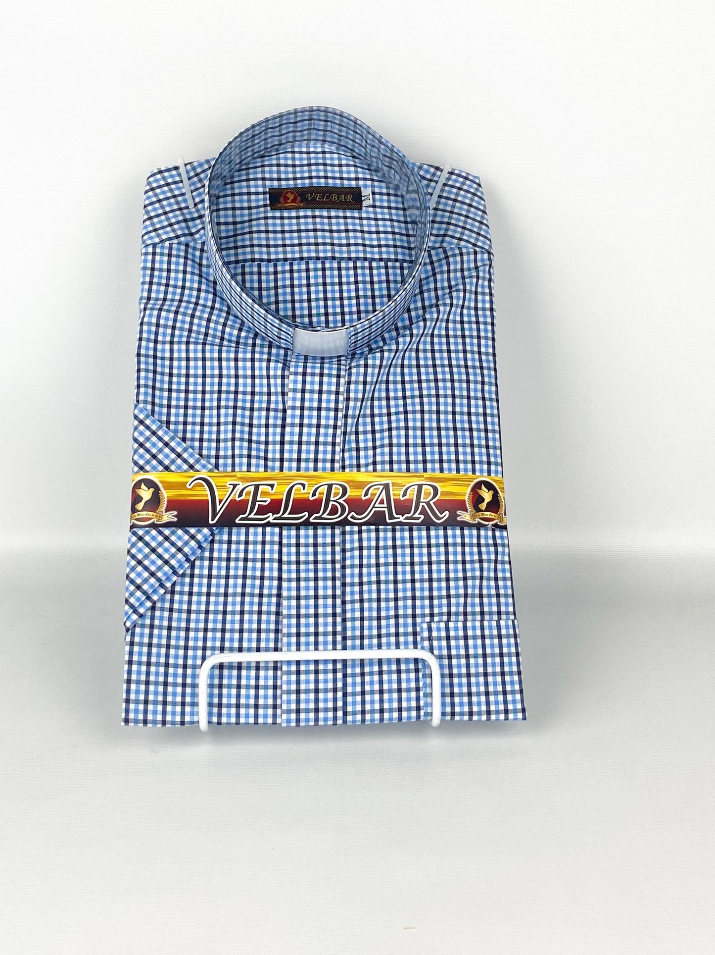 Camisa Clerical azul clara con cuadros azul oscuro