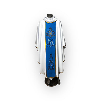 Casulla lino mariana bordada, blanco con azul